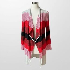 NEW $1,195‎ St John Large Open Front Cardigan Sweater Red Multi Wool Rayon Drape